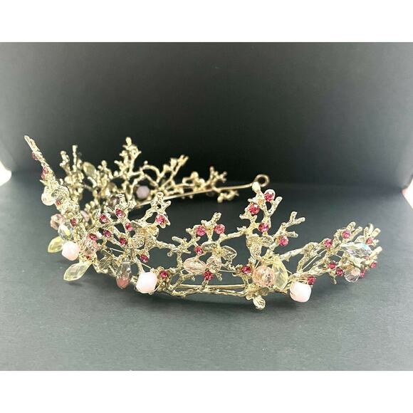 Light Pink Beaded Rhinestone Gold Tone Metal Tiara Crown NEW Elegant - Picture 7 of 9